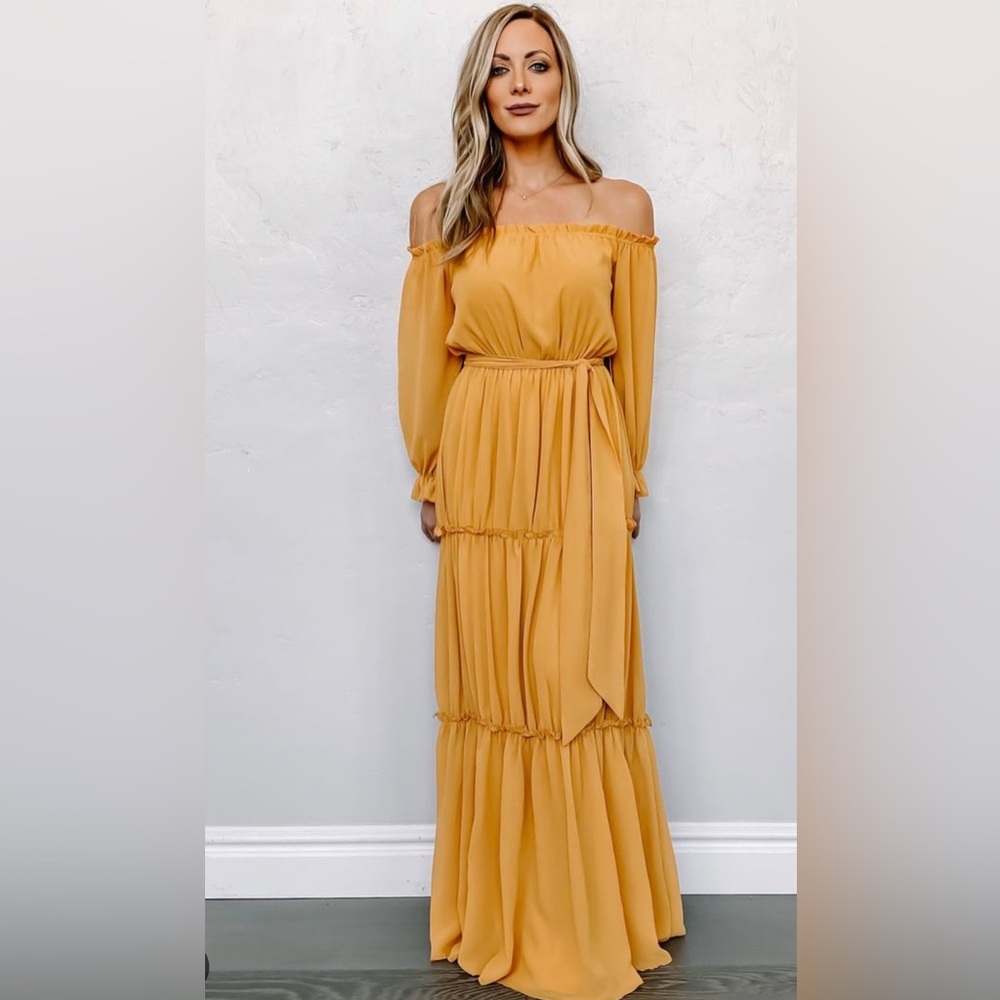 NWOT Baltic Born ISABEL Off-Shoulder Yellow Maxi Dress with Waist Tie Size XL